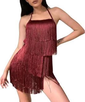 ABAFIP Women Halter Backless Fringe Mini Dress Layered Tassel Cocktail Concert Rave Party Mini Dance Dress