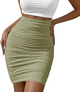 Afibi Women's Elastic High Waist Ruched Bodycon Stretch Club Pencil Midi Skirt