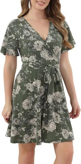 Aphratti Women's Fit and Flare Summer Dresses V Neck Short Sleeve High Waist Casual Spring Floral Wrap Dress