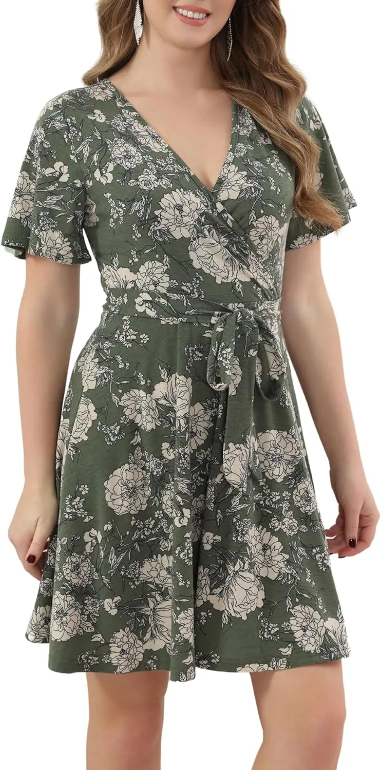 Aphratti Women's Fit and Flare Summer Dresses V Neck Short Sleeve High Waist Casual Spring Floral Wrap Dress