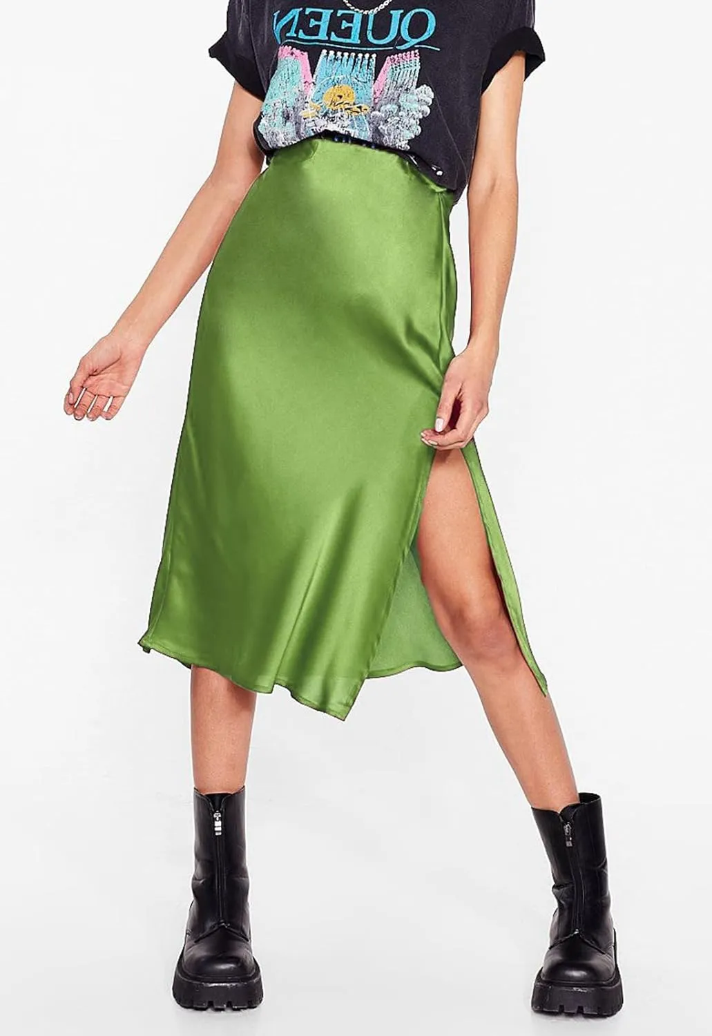 ATHX Women's Elegant Satin Midi Skirt Dressy Summer Casual High Waisted Solid Silk Split Cocktail Party Skirts