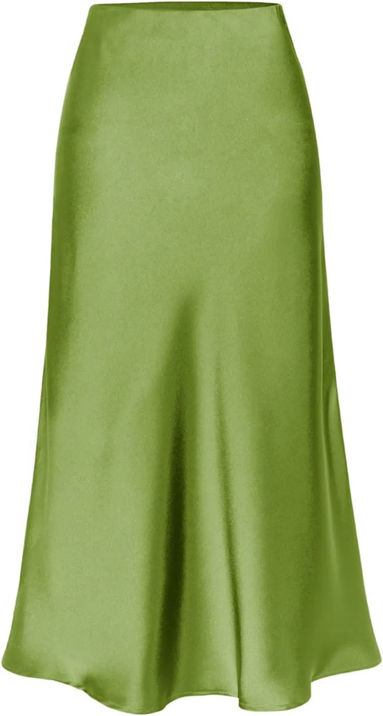 ATHX Women's Elegant Satin Midi Skirt Dressy Summer Casual High Waisted Solid Silk Split Cocktail Party Skirts