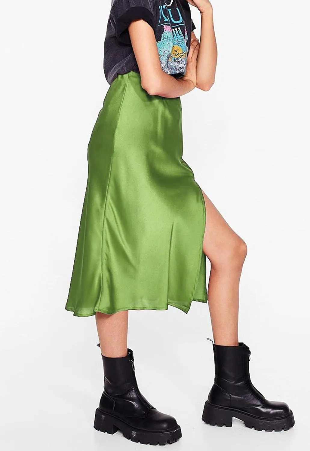 ATHX Women's Elegant Satin Midi Skirt Dressy Summer Casual High Waisted Solid Silk Split Cocktail Party Skirts