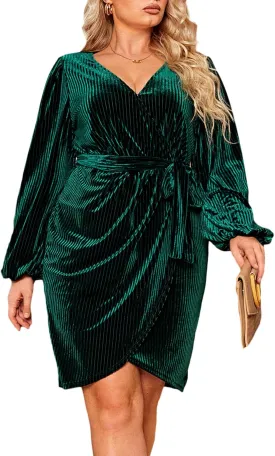 BerryGo Women's Plus Size Long Sleeve Wrap Semi Formal Velvet Mini Dress Sexy Cocktail Party Winter Club Dress