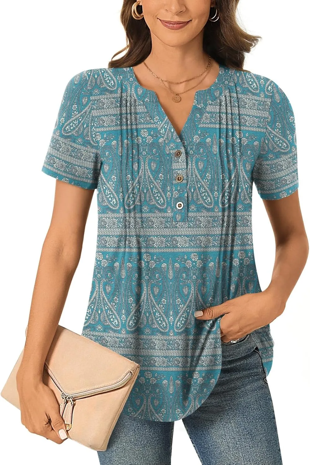 Bestbee Women's Summer Tops Short Sleeve Tunics Dressy Casual Blouses Henley Neck Button-Down Shirts