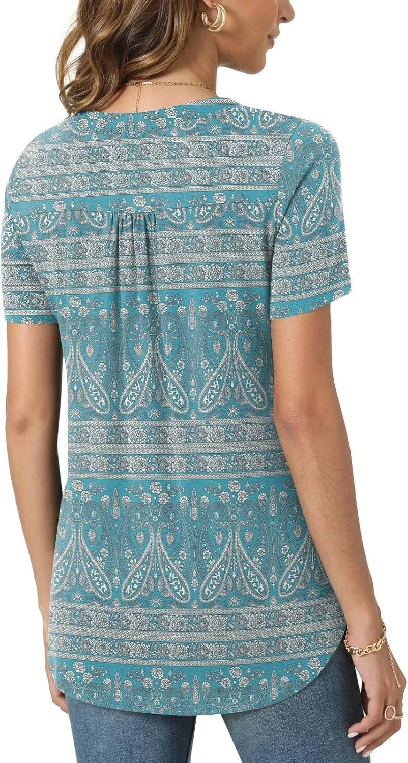 Bestbee Women's Summer Tops Short Sleeve Tunics Dressy Casual Blouses Henley Neck Button-Down Shirts