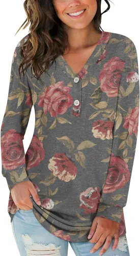 BISHUIGE Womens Button Up T-Shirts Long Sleeve Henley Tunic Tops V-Neck Casual Sweatshirt