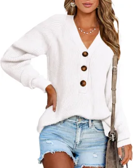 BTFBM Women Long Sleeve V Neck Button Down Sweater Solid Color Ribbed Knit Sweater Casual Relaxed Fit Pullover Jumper