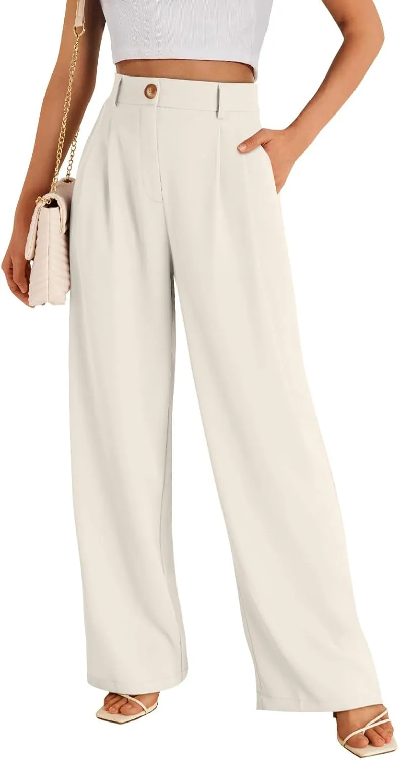 Business Work Pant for Women Fashion Dressy Wide Leg Pants Button Down High Waisted Pant Office Trousers with Pockets