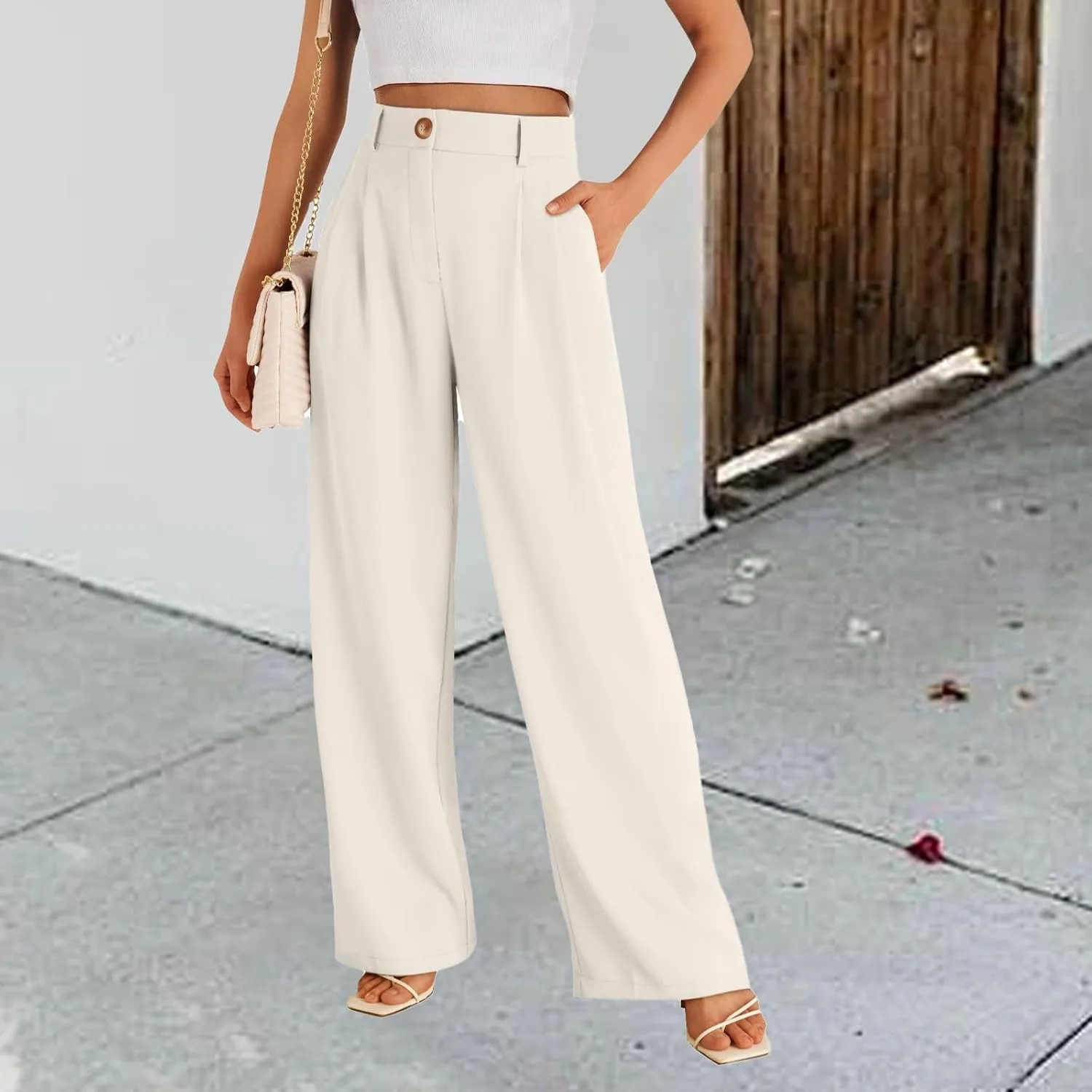 Business Work Pant for Women Fashion Dressy Wide Leg Pants Button Down High Waisted Pant Office Trousers with Pockets