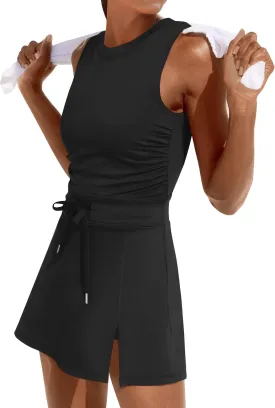Caracilia Women Athletic Dress Tennis Active Workout Sleeveless Fitted Slit Summer Mini Golf Romper Dresses Built in Shorts
