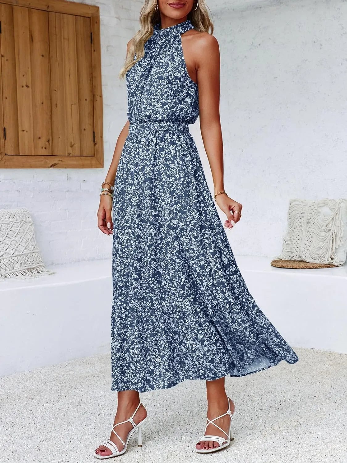 Chang Yun Maxi Summer Dresses for Women Halter Sleeveless Floral Boho Sun Vacation Outfits Long Wedding Guest Dress