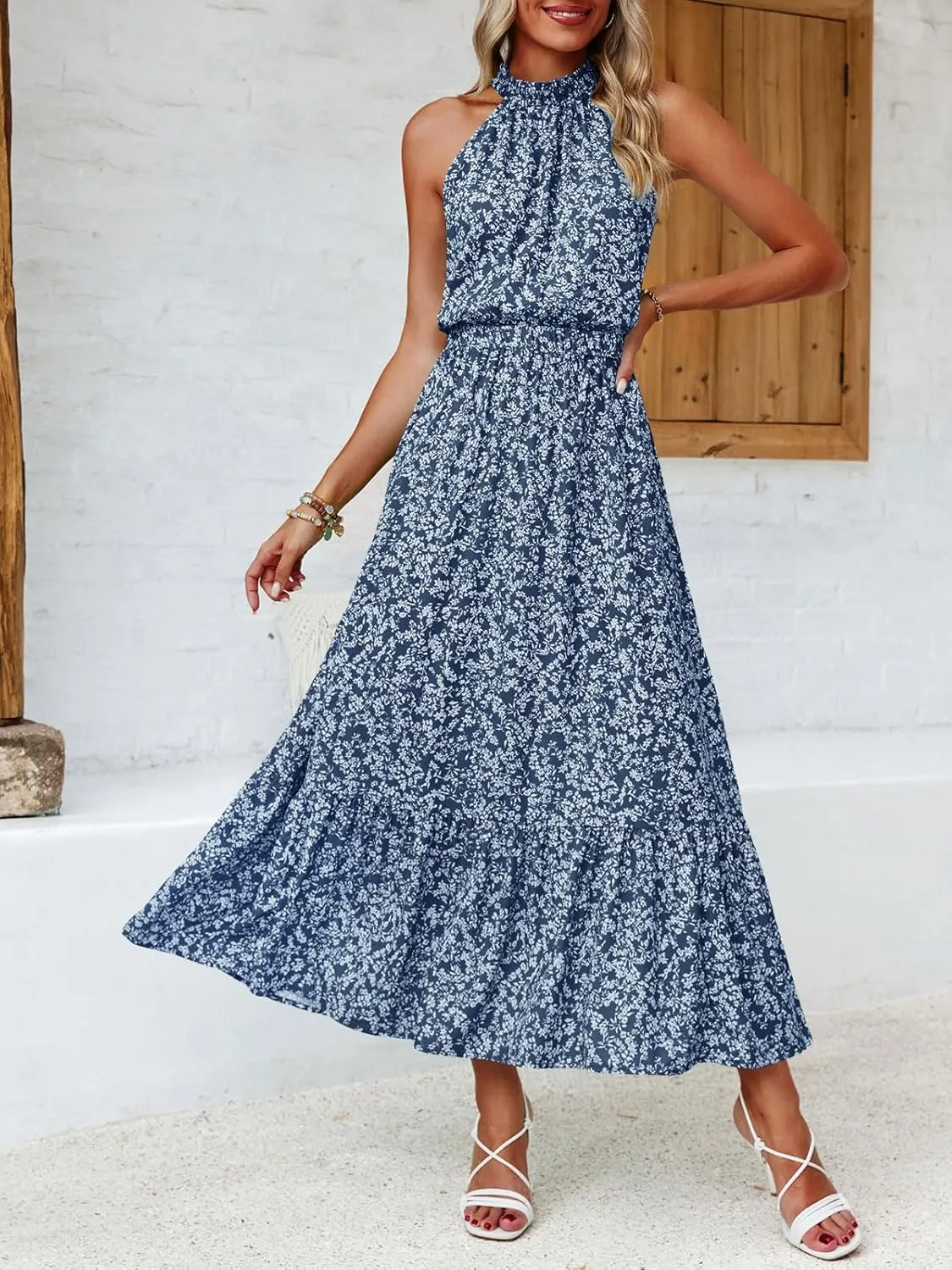 Chang Yun Maxi Summer Dresses for Women Halter Sleeveless Floral Boho Sun Vacation Outfits Long Wedding Guest Dress