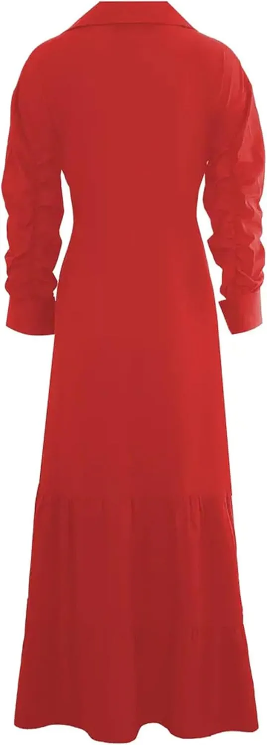 DIACACY Women's Solid Color Long Sleeve Casual Shirt Maxi Dress Tiered Rolled Up Sleeve Button Down Lapel Swing Dresses