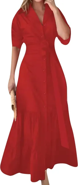 DIACACY Women's Solid Color Long Sleeve Casual Shirt Maxi Dress Tiered Rolled Up Sleeve Button Down Lapel Swing Dresses