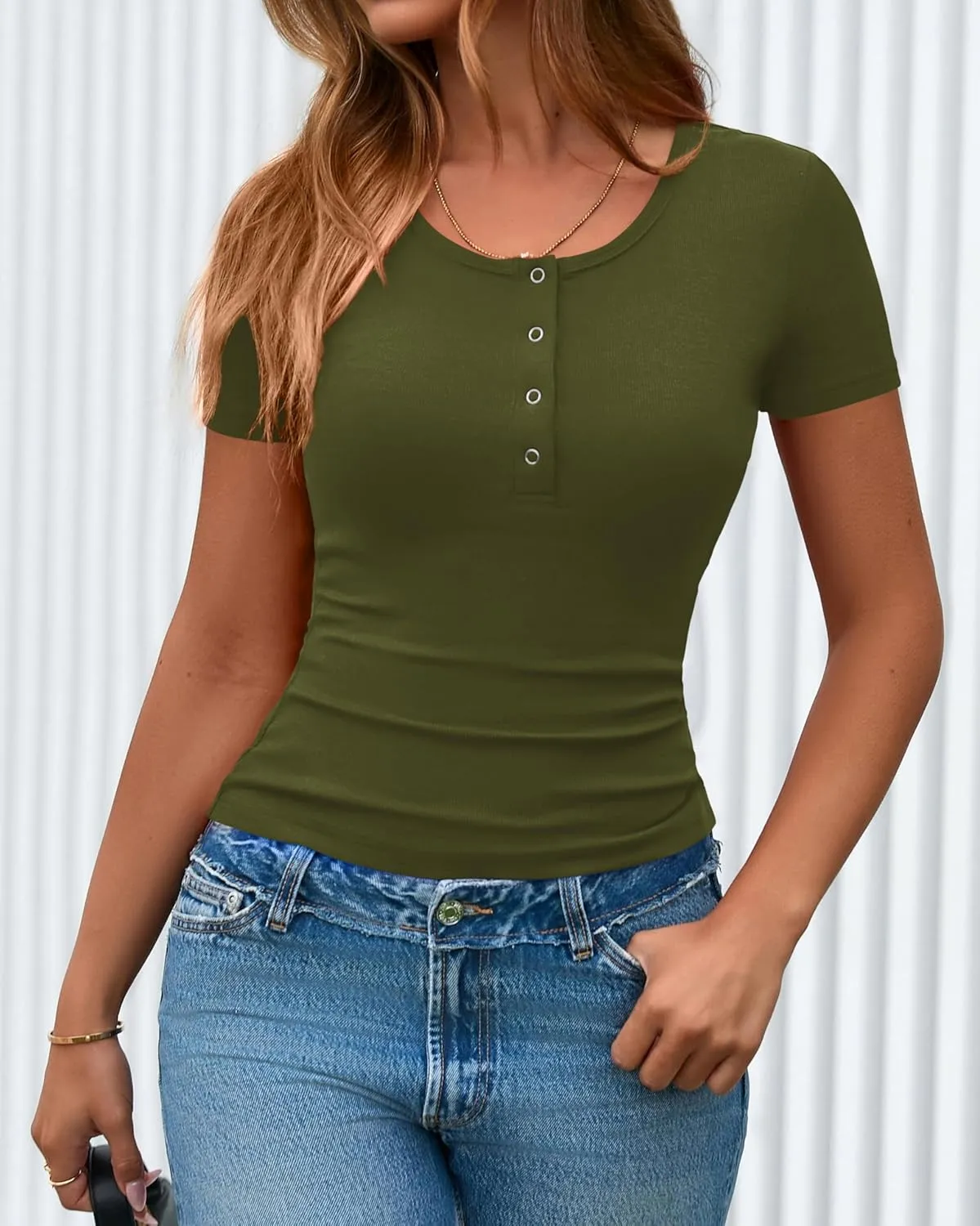 dowerme Women Spring Tops 2025 Short Sleeve Button Up Henley Shirts Slim Fit Ribbed Knit Basic Tee Summer Casual T Shirt