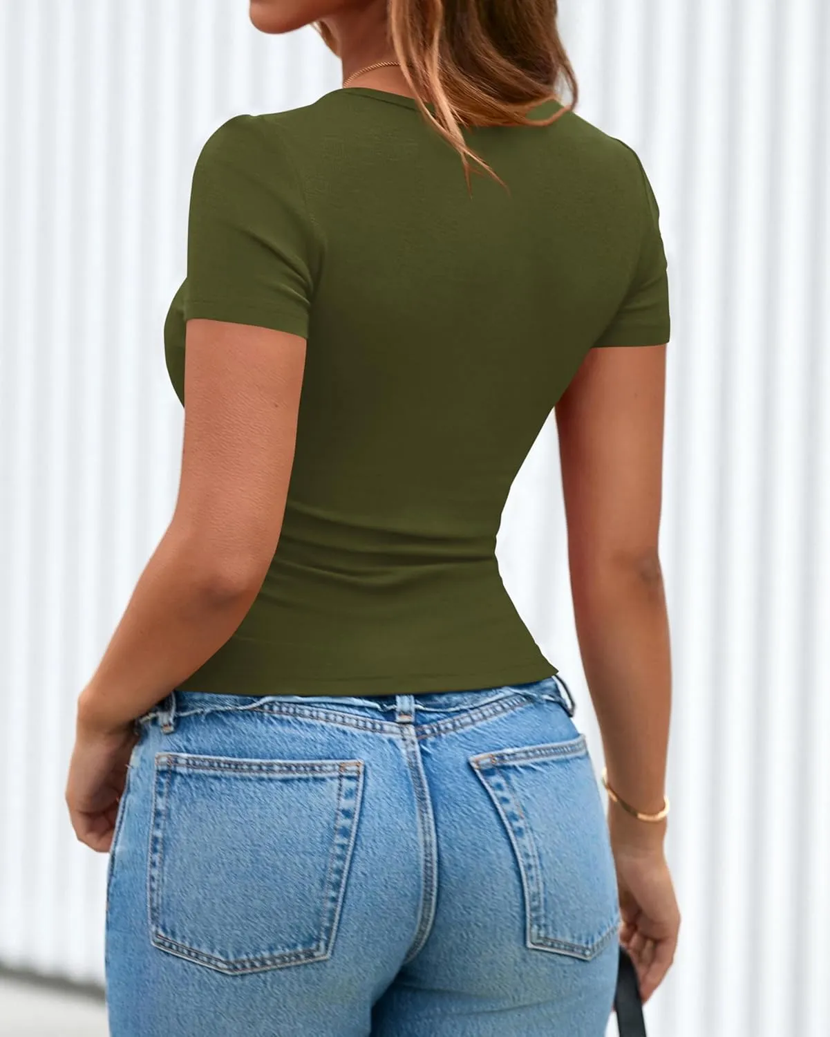 dowerme Women Spring Tops 2025 Short Sleeve Button Up Henley Shirts Slim Fit Ribbed Knit Basic Tee Summer Casual T Shirt