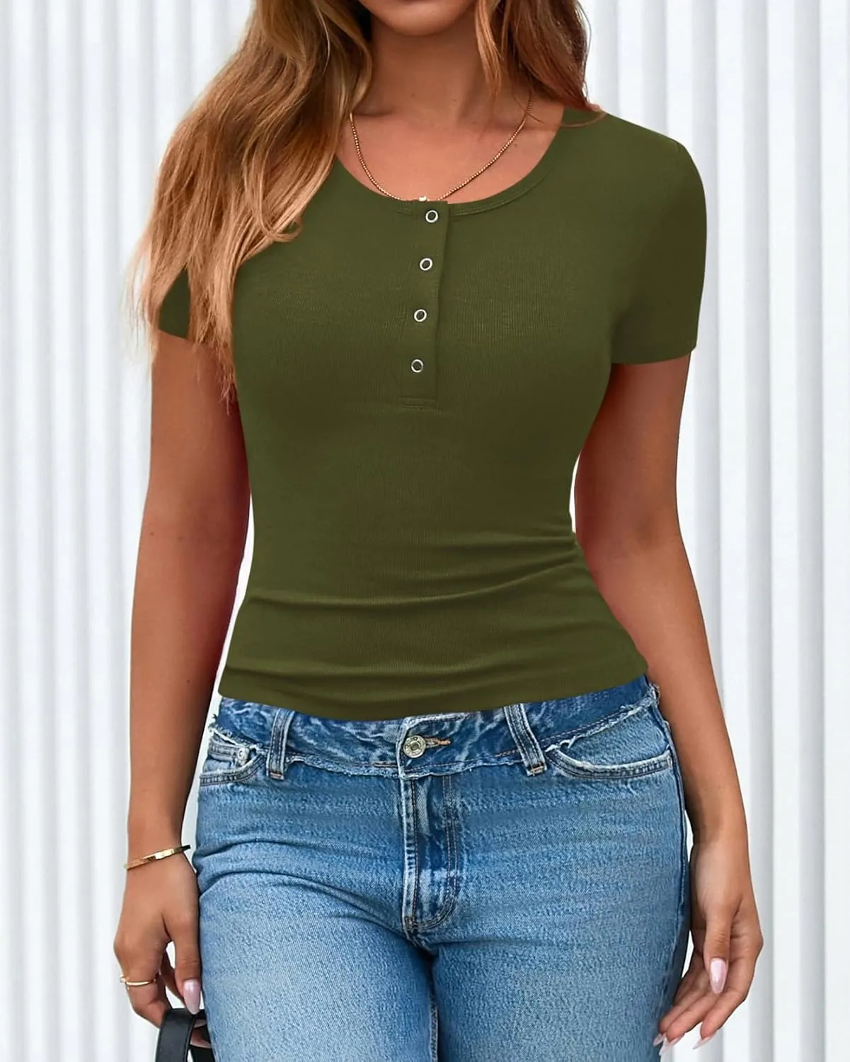 dowerme Women Spring Tops 2025 Short Sleeve Button Up Henley Shirts Slim Fit Ribbed Knit Basic Tee Summer Casual T Shirt