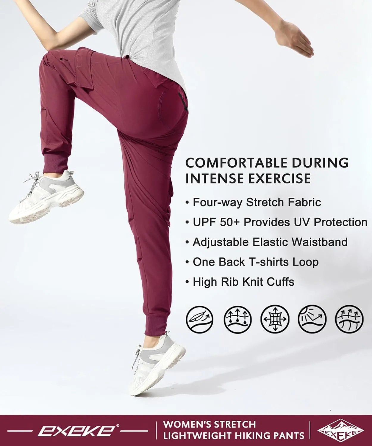 EXEKE Women's Lightweight Hiking Pants Quick Dry Tapered Cargo Joggers Stretch Workout Lounge Pants with Zipper Pockets