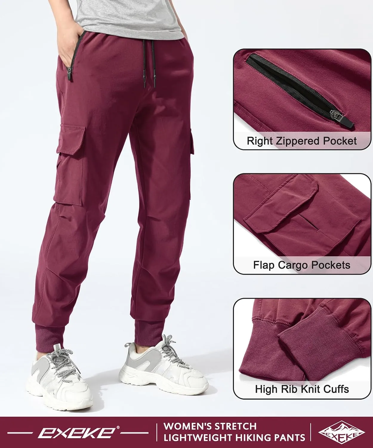 EXEKE Women's Lightweight Hiking Pants Quick Dry Tapered Cargo Joggers Stretch Workout Lounge Pants with Zipper Pockets