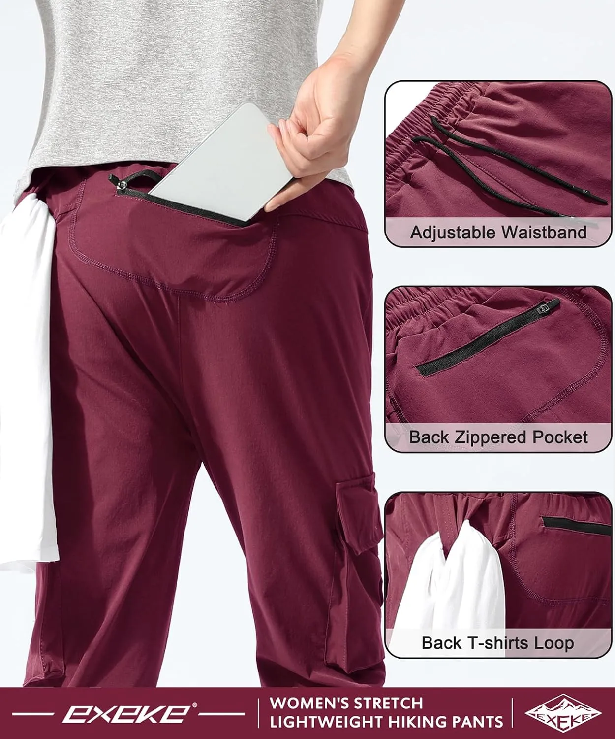 EXEKE Women's Lightweight Hiking Pants Quick Dry Tapered Cargo Joggers Stretch Workout Lounge Pants with Zipper Pockets