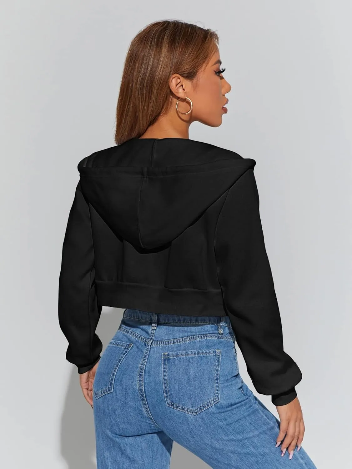 Floerns Women's Casual Long Sleeve Zip Up Cropped Hoodie Sweatshirts