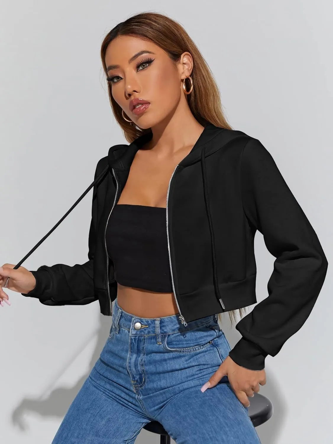 Floerns Women's Casual Long Sleeve Zip Up Cropped Hoodie Sweatshirts