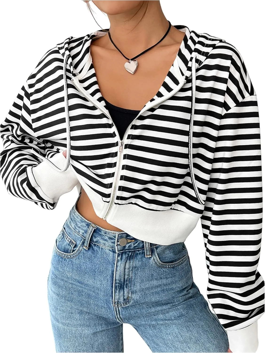 Floerns Women's Casual Long Sleeve Zip Up Cropped Hoodie Sweatshirts