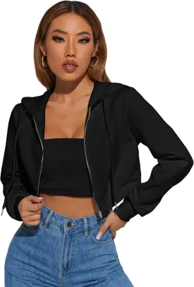 Floerns Women's Casual Long Sleeve Zip Up Cropped Hoodie Sweatshirts