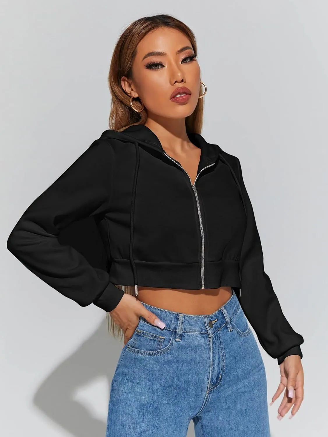 Floerns Women's Casual Long Sleeve Zip Up Cropped Hoodie Sweatshirts
