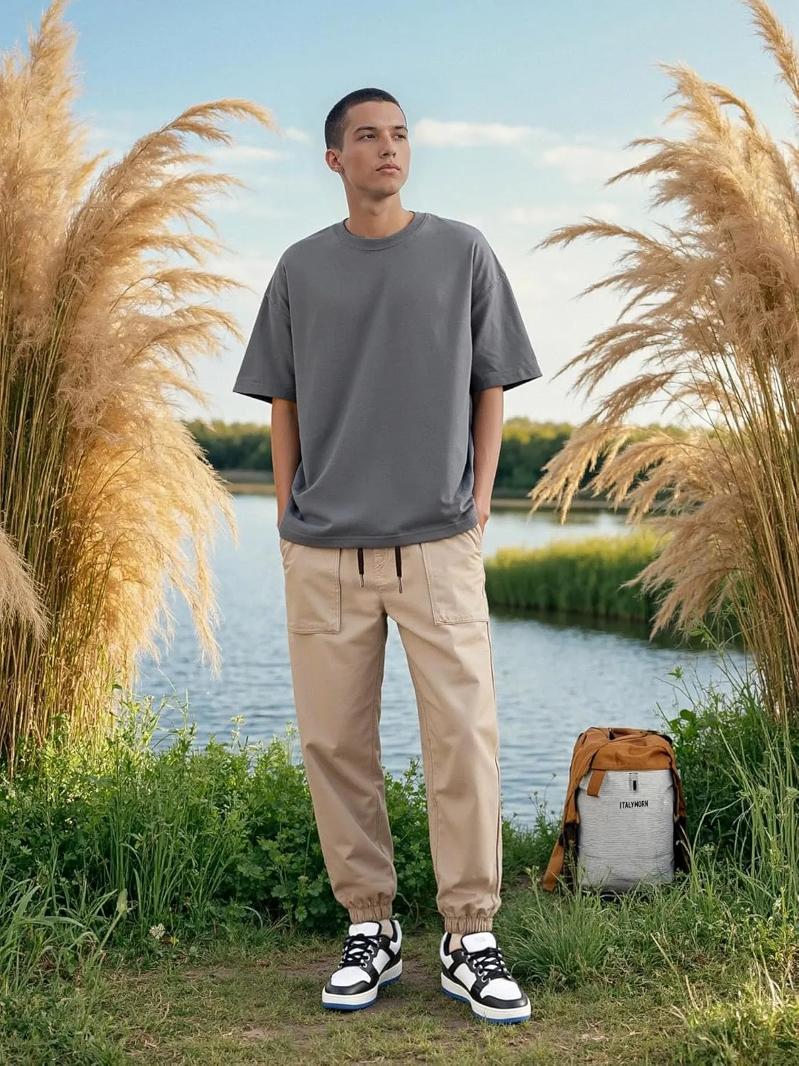 ITALYMORN Khaki Chino Joggers for Men Elastic Ankle and Waist Summer Casual Pants with Pockets