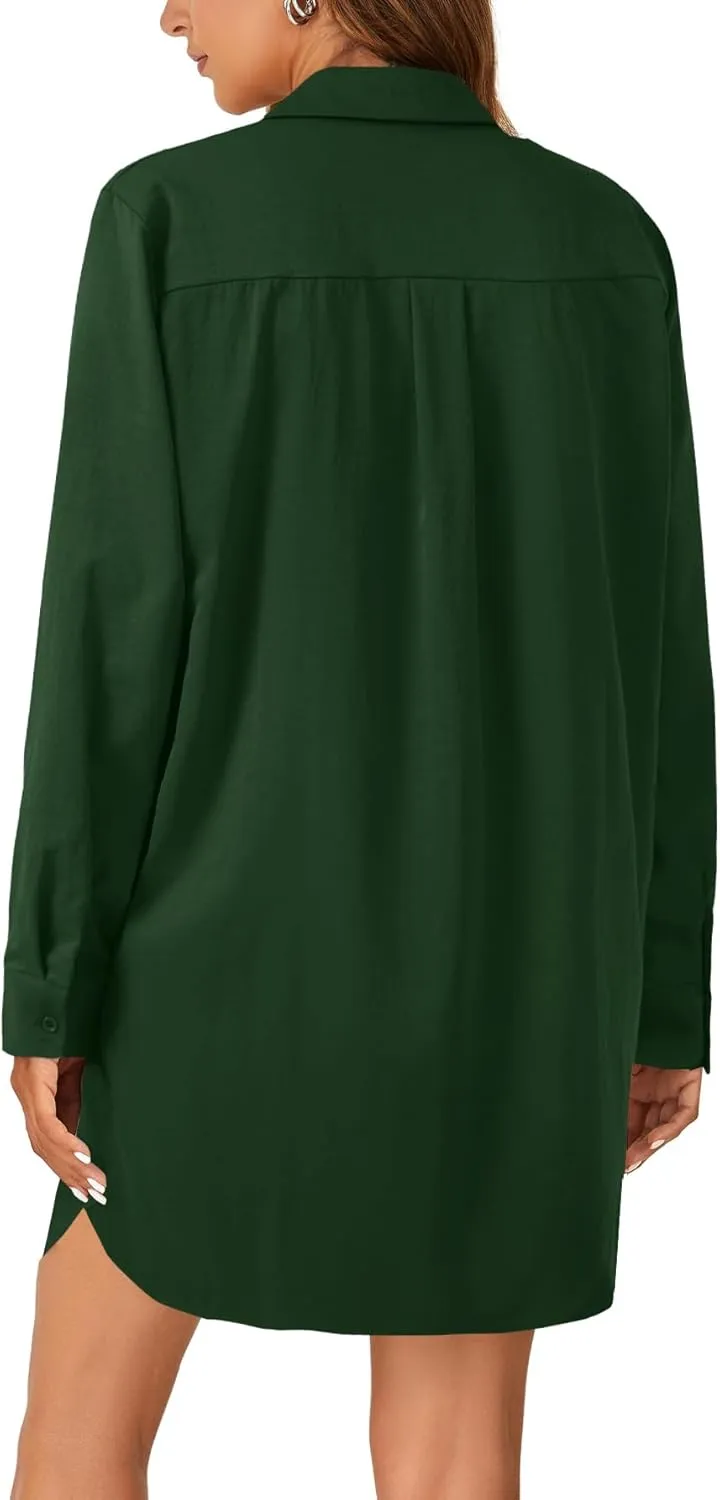 LYANER Women's Button Down Shirt Dresses Collared V Neck Long Sleeve Slit Mini Dress