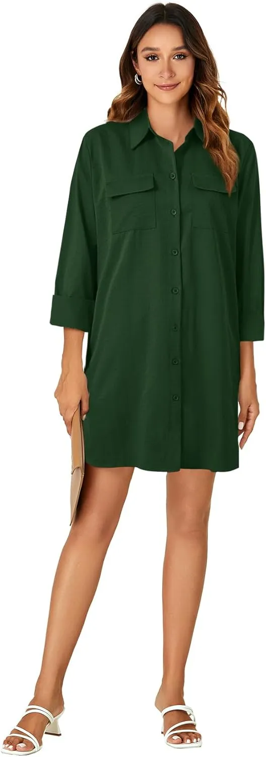 LYANER Women's Button Down Shirt Dresses Collared V Neck Long Sleeve Slit Mini Dress