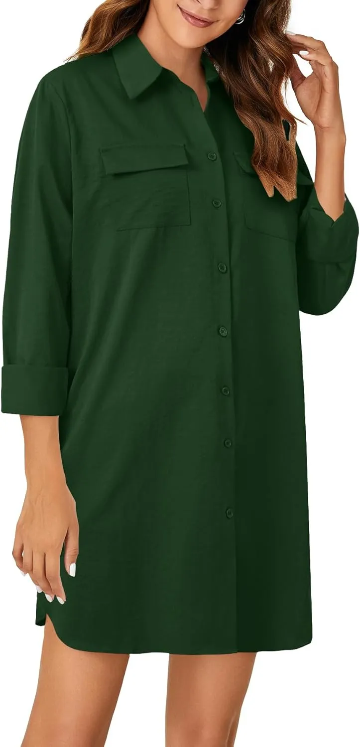 LYANER Women's Button Down Shirt Dresses Collared V Neck Long Sleeve Slit Mini Dress