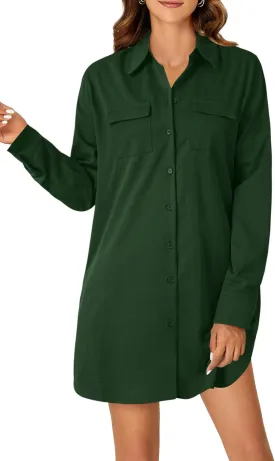 LYANER Women's Button Down Shirt Dresses Collared V Neck Long Sleeve Slit Mini Dress
