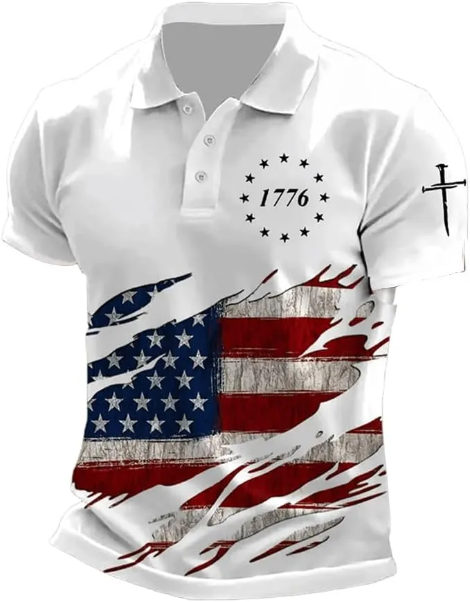 Men's American Flag Cross Print 1776 Polo Shirt 4Th of July T-Shirt