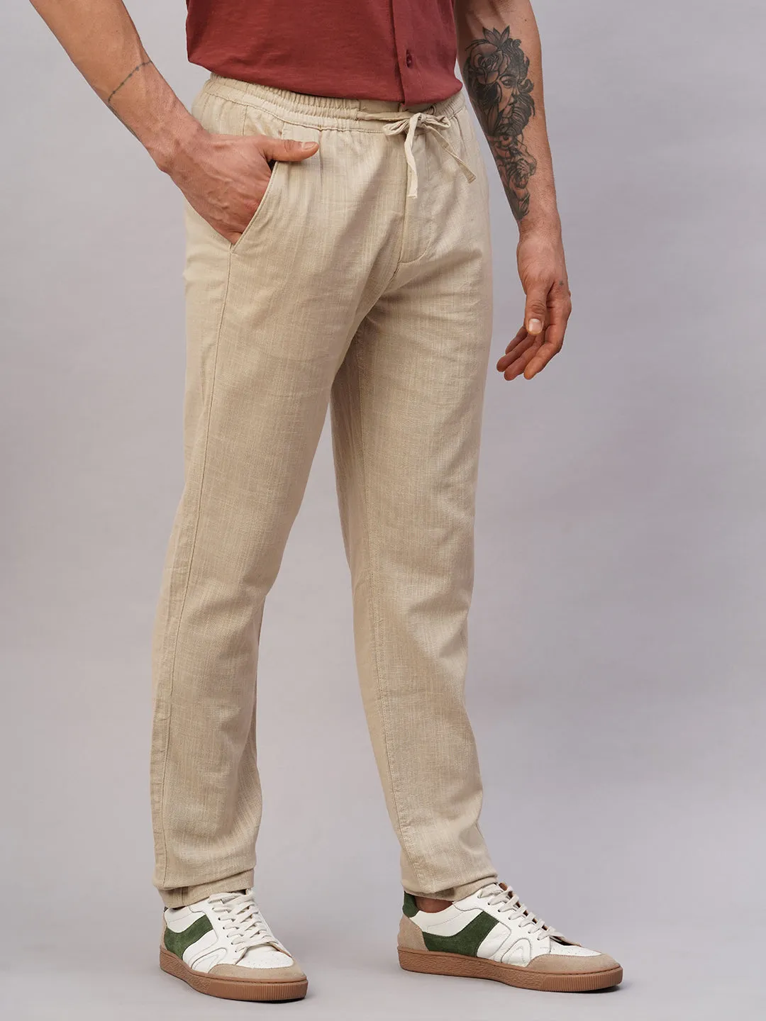 Men's Khaki Cotton Regular Fit Pant