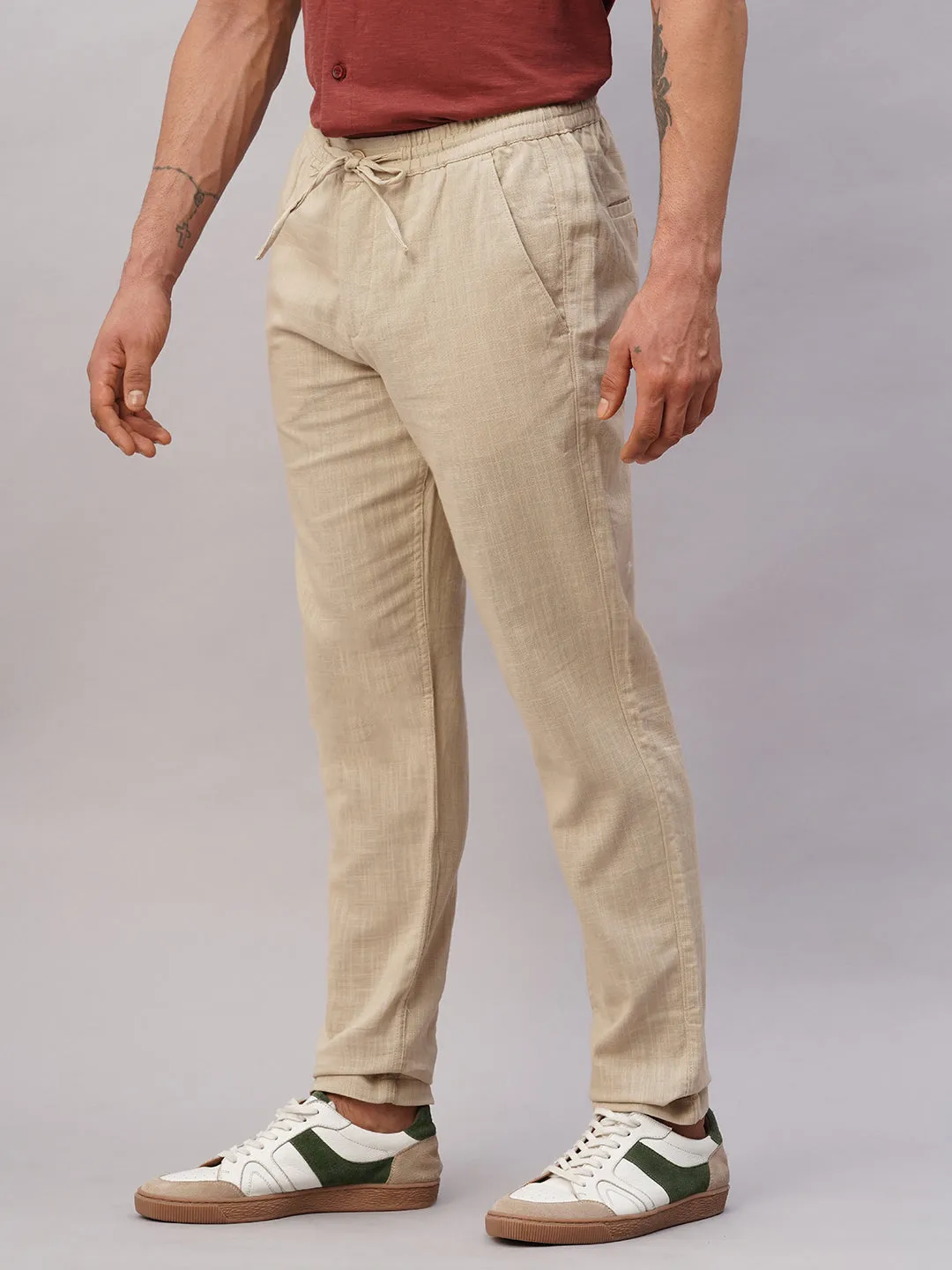 Men's Khaki Cotton Regular Fit Pant