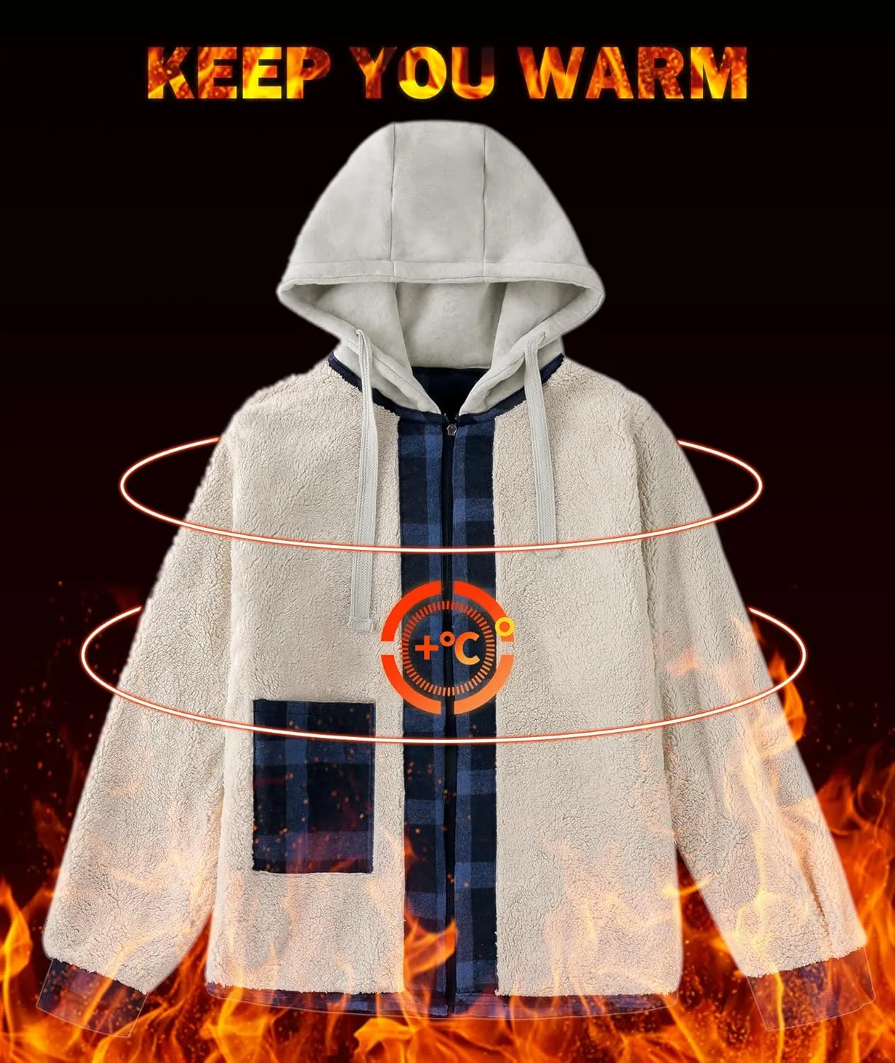 Mens Plaid Hoodies Winter Zip Up Fleece Jacket Sherpa Fleece Lined Warm Flannel Jacket Coat