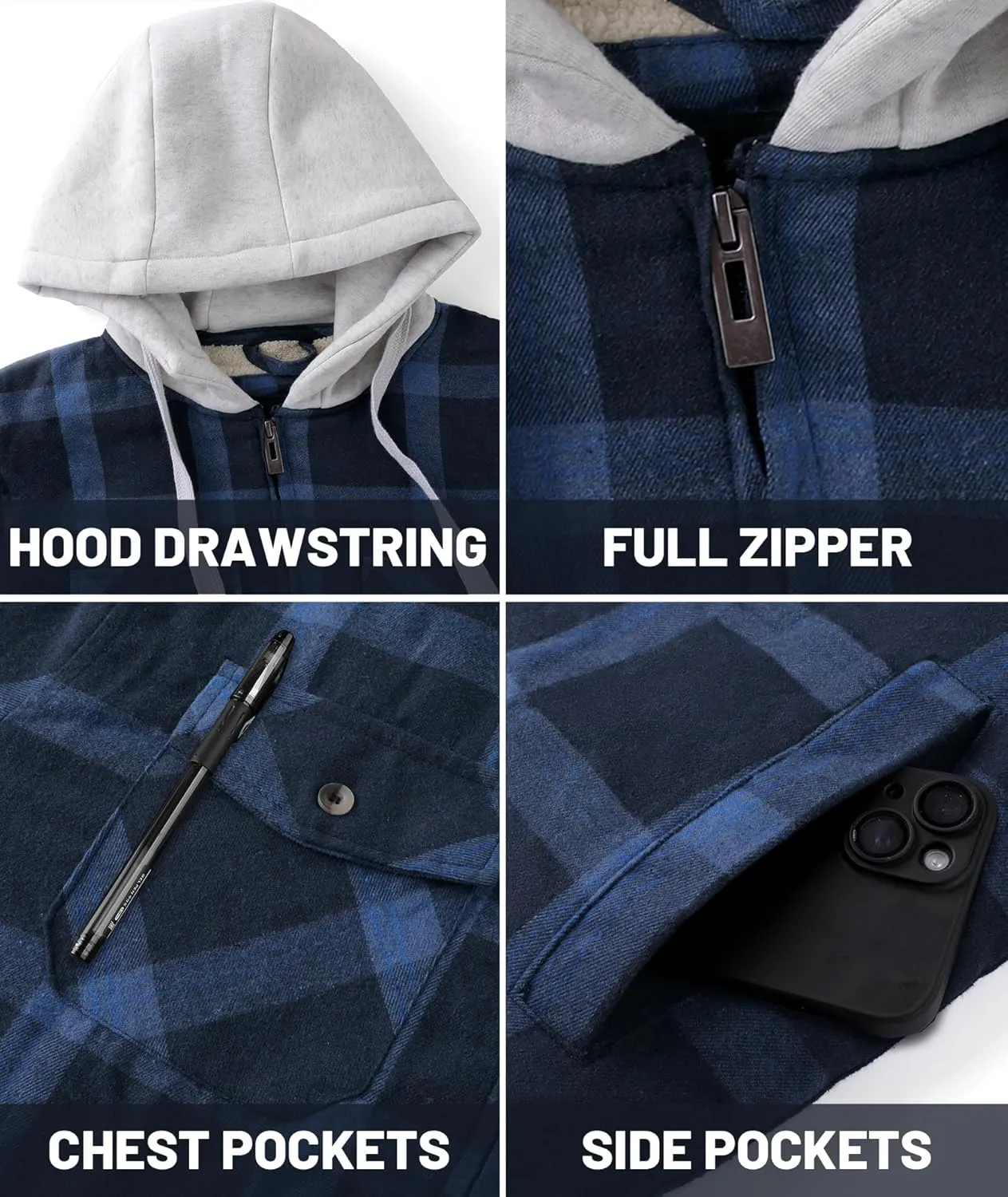 Mens Plaid Hoodies Winter Zip Up Fleece Jacket Sherpa Fleece Lined Warm Flannel Jacket Coat