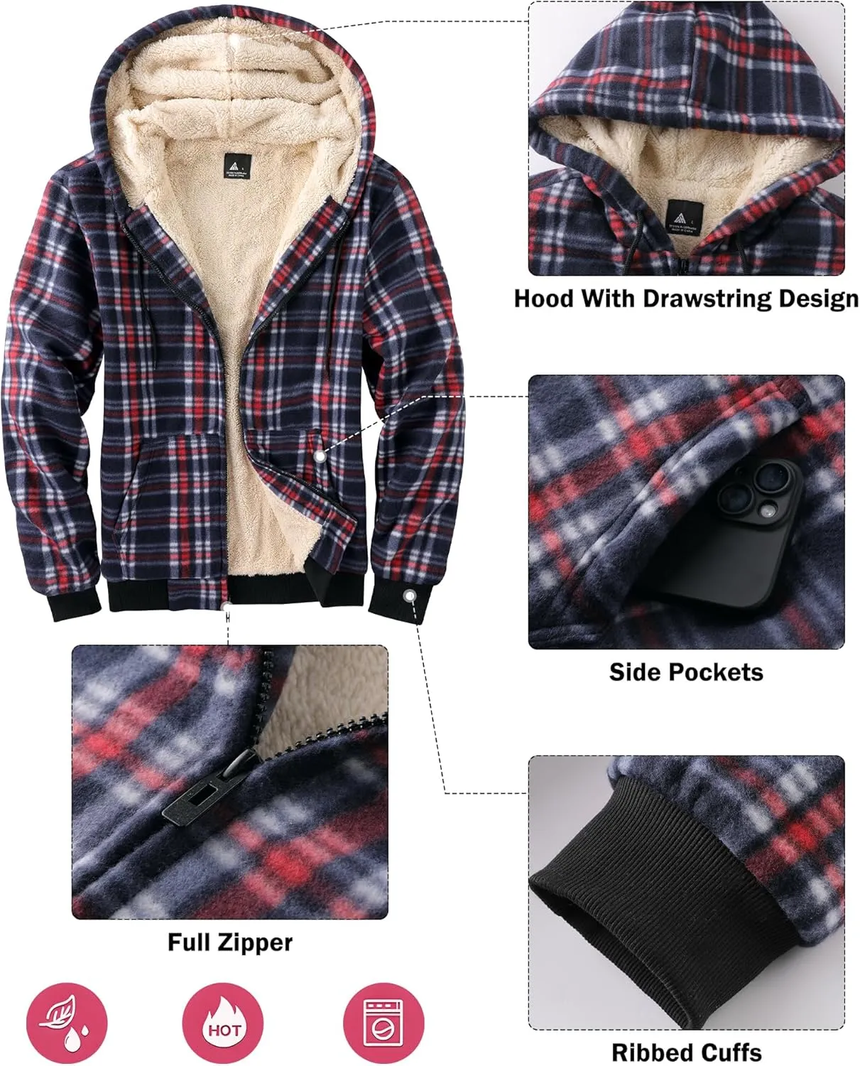 Mens Plaid Hoodies Winter Zip Up Fleece Jacket Sherpa Fleece Lined Warm Flannel Jacket Coat