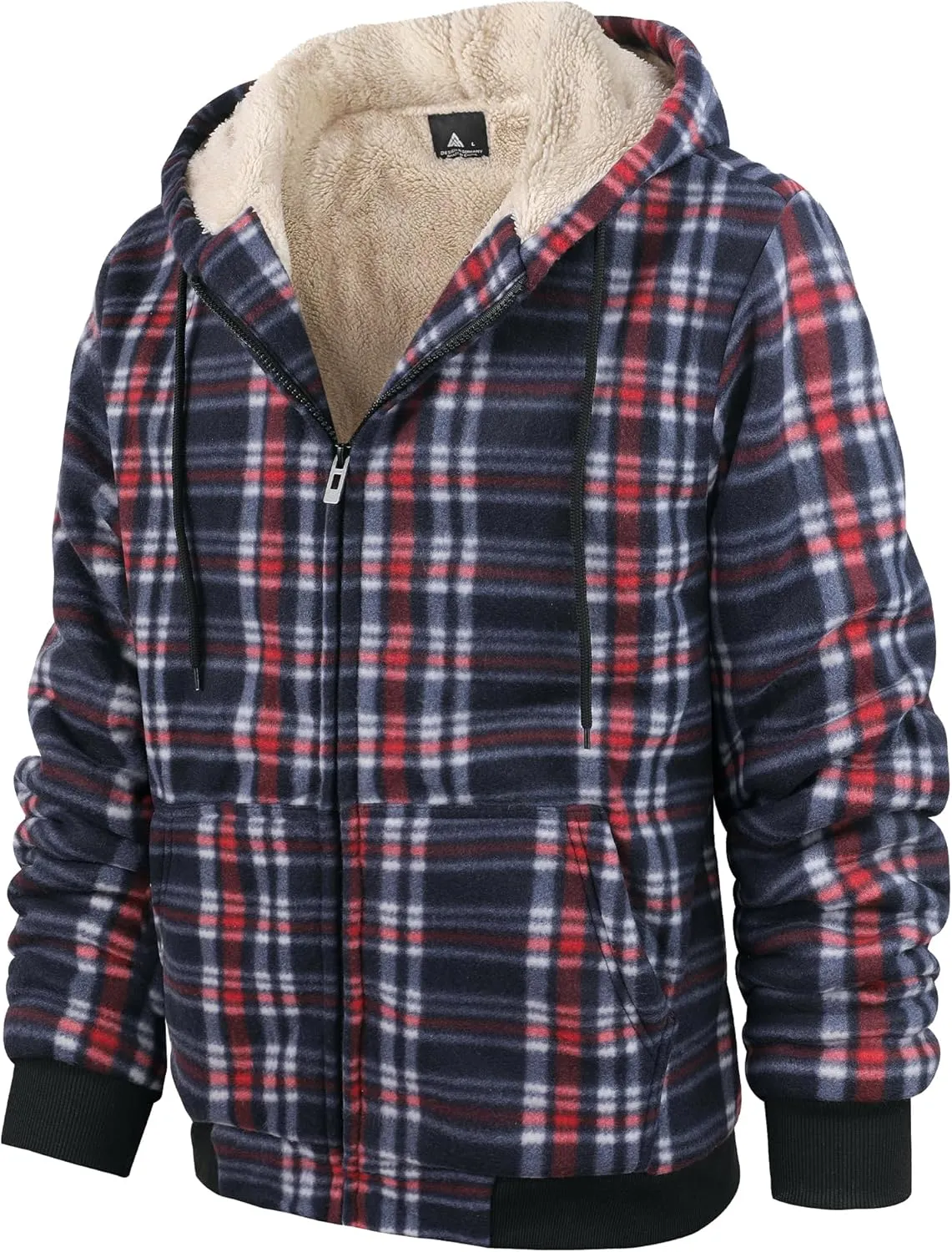 Mens Plaid Hoodies Winter Zip Up Fleece Jacket Sherpa Fleece Lined Warm Flannel Jacket Coat