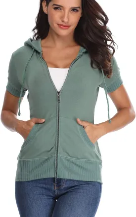 MISS MOLY Women's Short Sleeve Hoodie Full Zip Up Cotton Slim Fit Sweatshirt with Pocket