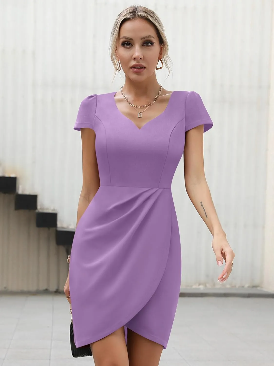 Missufe Women's Short Sleeve Sweetheart Ruched Fitted Wrap Mini Summer Party Formal Dress