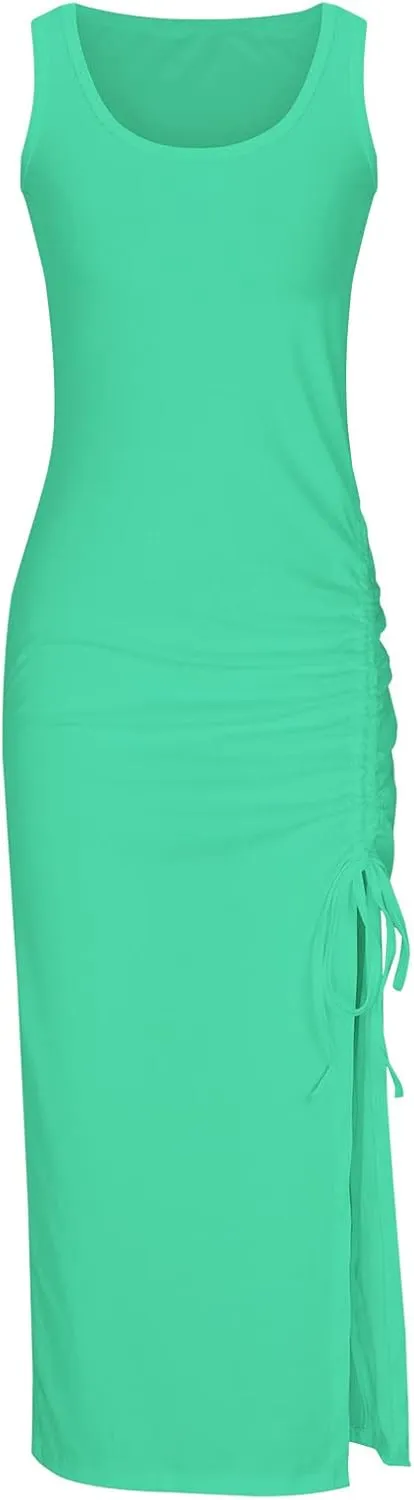 NaRHbrg Women's Sleeveless Bodycon Maxi Dress Ruched Side Slit Long Tank Dress Casual Stretchy Fitted Dress for Summer Party