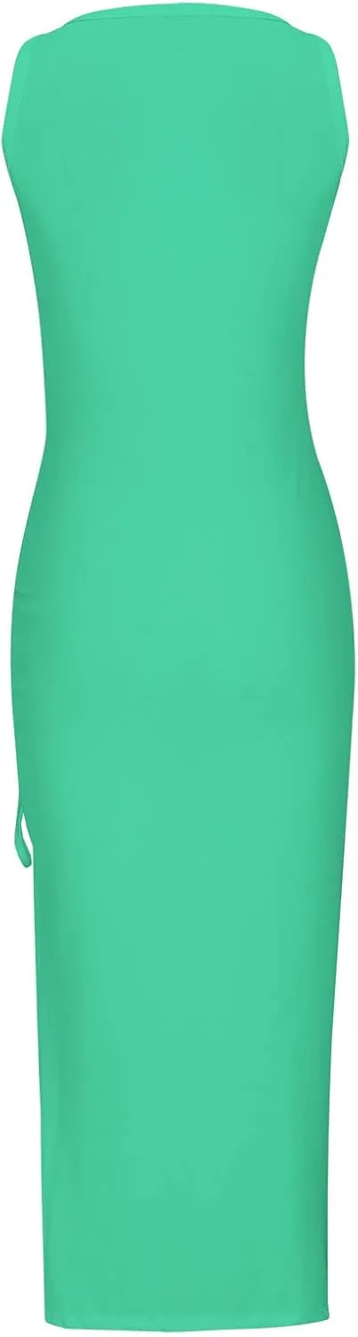 NaRHbrg Women's Sleeveless Bodycon Maxi Dress Ruched Side Slit Long Tank Dress Casual Stretchy Fitted Dress for Summer Party