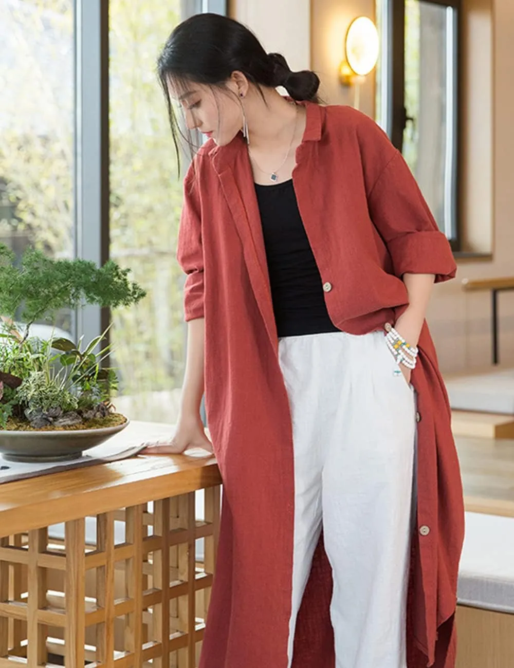 NFYM Women Casual Cotton Linen Lapel Shirt Trench Coats Lightweight Loose Button Up Pockets Long Maxi Shirt Jacket Shacket