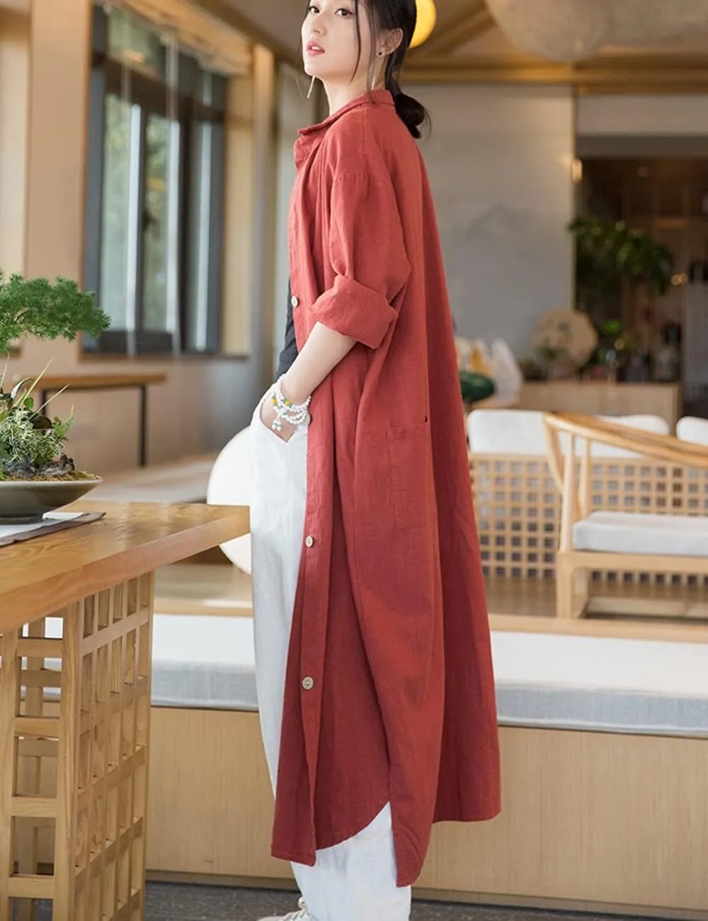 NFYM Women Casual Cotton Linen Lapel Shirt Trench Coats Lightweight Loose Button Up Pockets Long Maxi Shirt Jacket Shacket