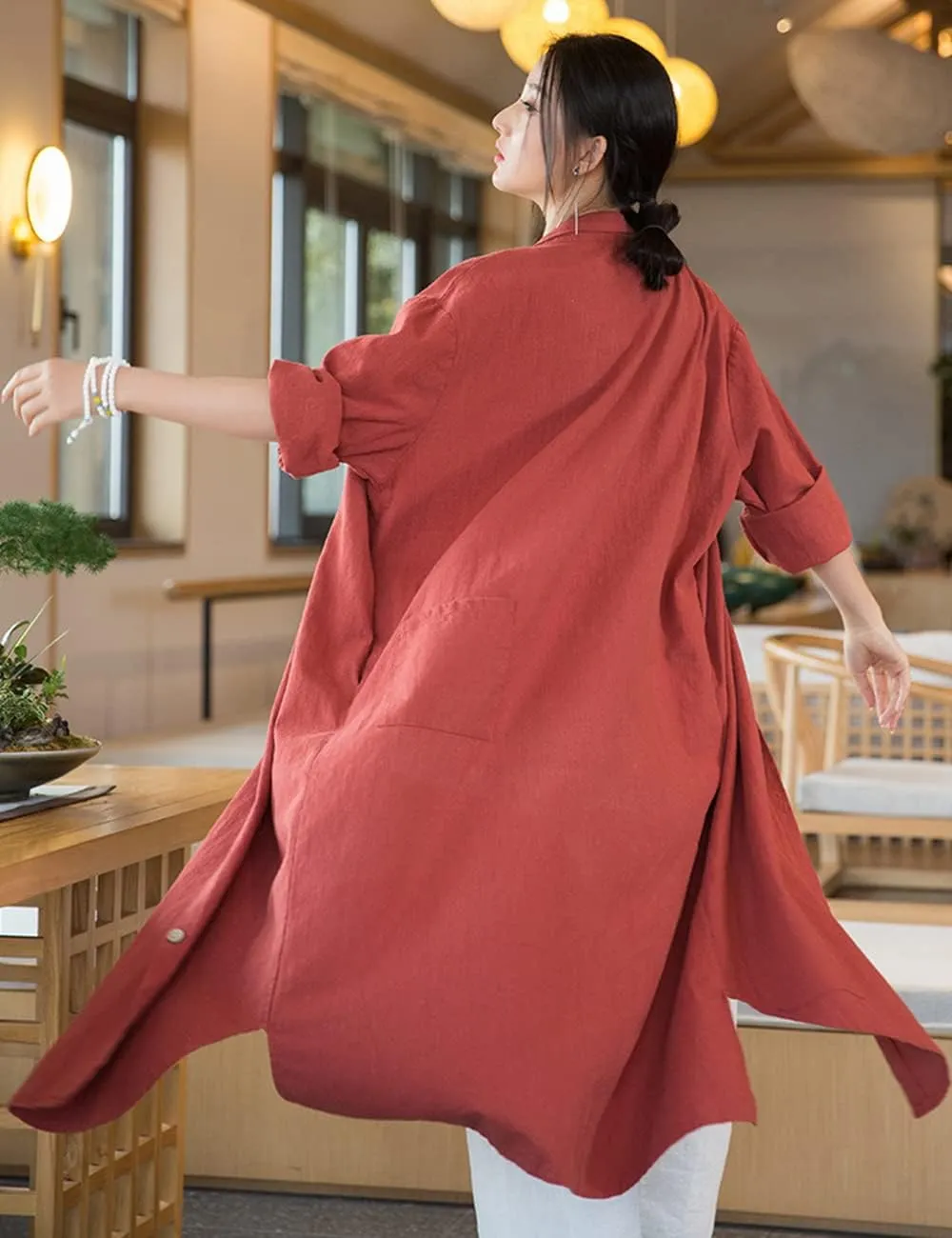 NFYM Women Casual Cotton Linen Lapel Shirt Trench Coats Lightweight Loose Button Up Pockets Long Maxi Shirt Jacket Shacket