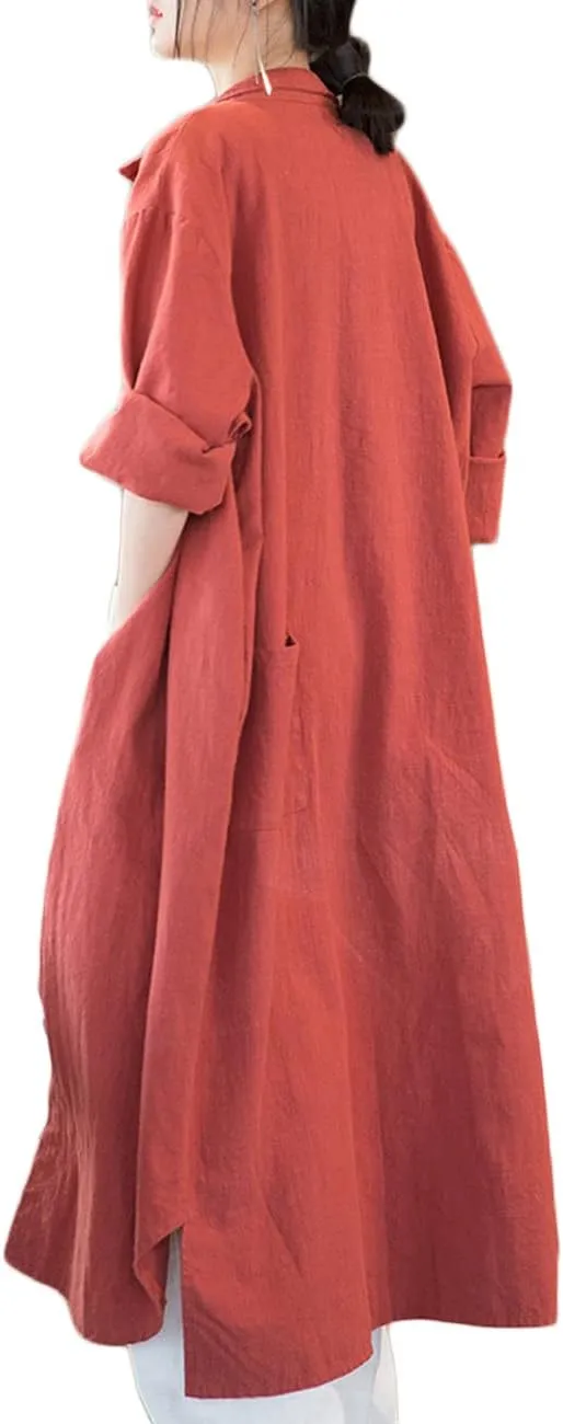 NFYM Women Casual Cotton Linen Lapel Shirt Trench Coats Lightweight Loose Button Up Pockets Long Maxi Shirt Jacket Shacket